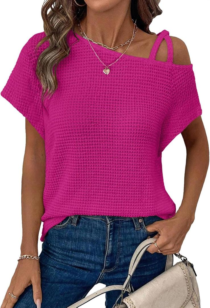 Dokotoo Womens Summer Tops Off One Shoulder Waffle Knit Short Sleeve T-Shirts Casual Lightweight Solid Color Blouses (Pink, L)