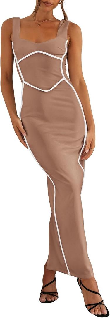 BTFBM Women Bodycon Maxi Dress Square Neck Sleeveless Contrast Binding Slit Cocktail Formal Wedding Guest Dresses 2025 (Beige, L)