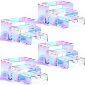 Queekay Iridescent Acrylic Display Risers Rainbow Acrylic Display Stands 3 Tiered Rectangle Tabletop Rainbow Shelf Showcase Fixtures for Dessert Cupcake Candy Treat Action Figure(12 Pieces)