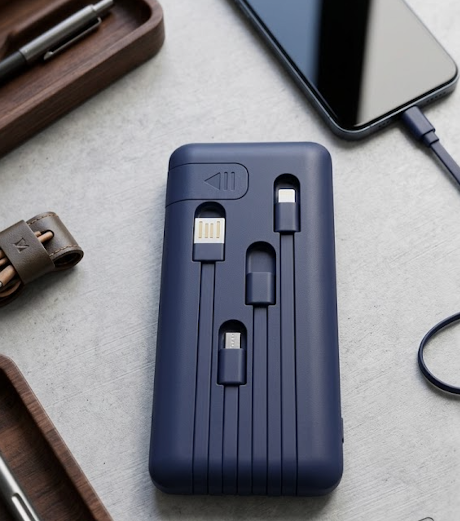 10000mAh Li-Polymer 12W Fast Charging Power Bank with 2.4A Inbuilt 4 in 1 USB,Micro USB, Type-C & Lightning Cables, with Mobile Holder, Universal Compatibility, Blue