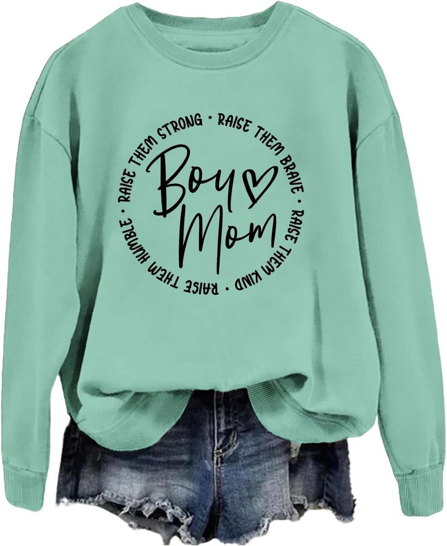 Boy Mom Sweatshirt for Women Long Sleeve Boy Mom Shirt Funny Graphic Mama Sweatshirt Gifts for Christmas (X-Large, Light Green)