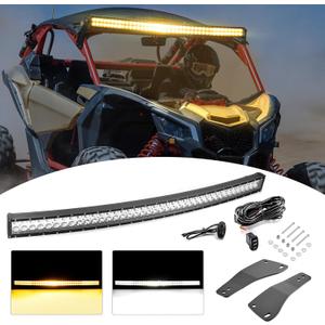 Wsays 52 Inch 300w Dual Row Curved LED Amber/White Strobe Light Bar with Wiring Harness Kit & Upper Roof Windshield Mounting Brackets Compatible with Can-am Maverick X3 MAX 2017-2025, 2 Pack