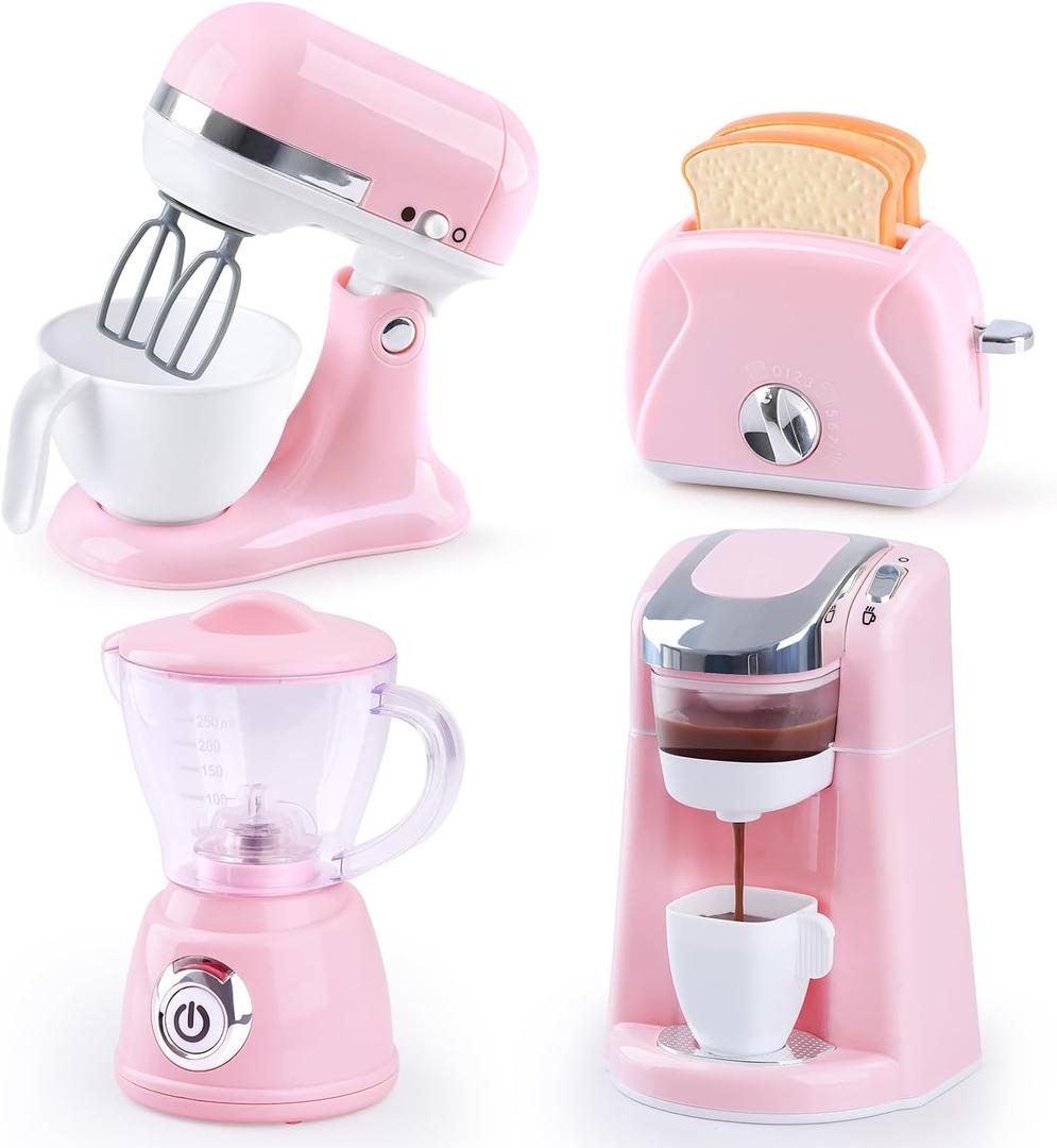 Kids Toy Kitchen Sets, Play Kitchen Accessories for Kids Ages 4-8 3-5, Kitchen Appliance Toys, Blender, Coffee Maker Machine, Mixer, Toaster, Pretend Play Toys for 4 Year Old Girls Toddlers 3-5 (Pink)