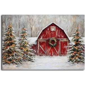 MNFGMH Christmas Farm Red Barn Rustic Holiday Decor Festive Wall Art Farmhouse Winter Landscape Painting Vintage Country Print Xmas Picture Print Gift Canvas Roll 16x24 inch (Color5-Unframed)