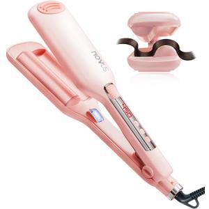 NOVUS 1.1 Inch Beach Waves Curling Iron for Women - 2 Barrel Hair Crimper with Ionic Ceramic & Adjustable Heat, Anti-Scald Design for Long-Lasting Shiny Curls, Pink