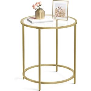 VASAGLE Round Side Table, Glass End Table with Metal Frame, Gold Coffee Table with Modern Style, for Living Room, Balcony, Bedroom, Gold Color