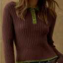 WDIRARA Women's Quarter Button Collared Sweater Long Sleeve Pullover Knit Tops Vintage Knitwear (Brown, M)
