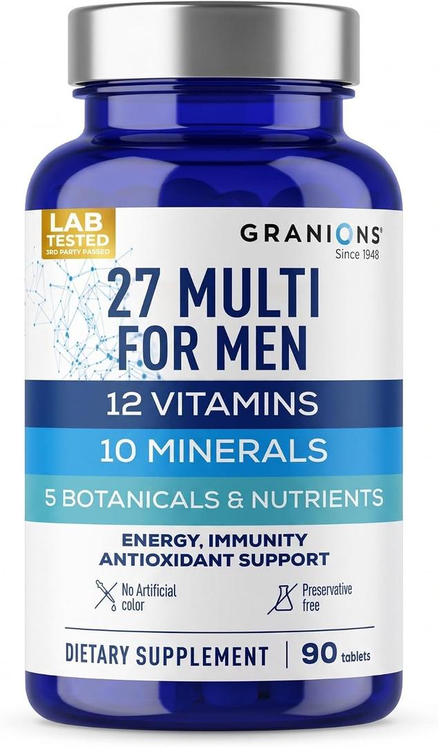 Granions 27 Mens Multivitamins Minerals Extracts - Vitamin D3, C, B12, Zinc, Magnesium, CoQ10, Quercetin, Maca Plus Multivitamin - Daily Mens Vitamins Supplement Multi for Men - 90 Tablets, BB:04/2028