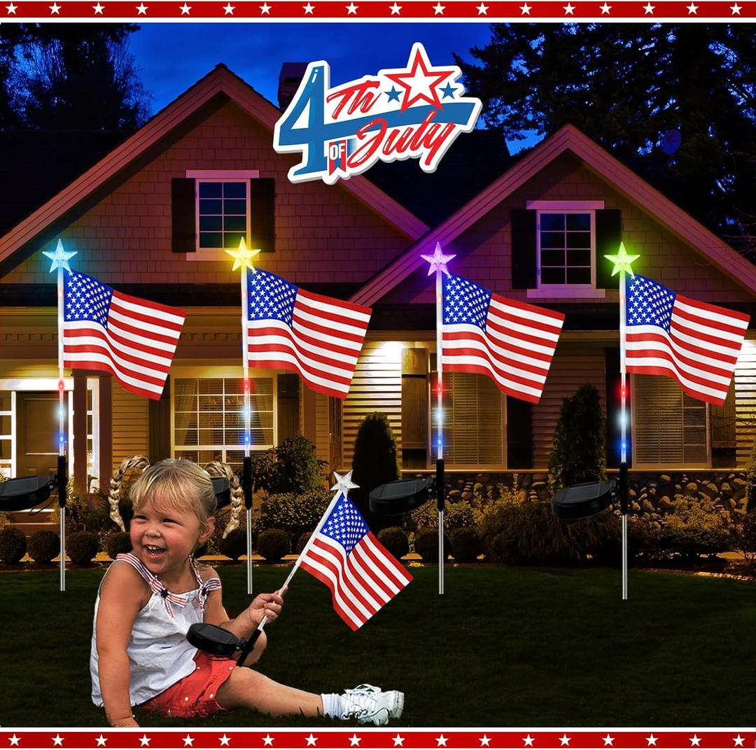 US Flag Solar Garden Lights, 7 Color Changing American Flag Light 4th of July Decorations Lights Patriotic Solar Lights Outdoor for Independence Day Memorial Day Garden Yard - 4 Pack