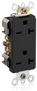 Leviton 16462-E Decora Plus Duplex Receptacle Outlet, Commercial Specification Grade, Smooth Face, 20 Amp, 250 Volt, Back or Side Wire, NEMA 6-20R, 2-Pole, 3-Wire, Self-Grounding - Black
