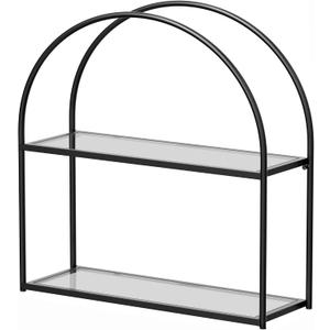 Crofy Black Arched Frame Wall Shelf, Decorative 2 Tier Bathroom Wall Shelf with Transparent Tempered Glass Shelves and Robust Storage Capacity, 5.1" D x 16.3" W x 18.6" H