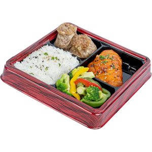 Restaurantware-Bento Tek 17.9 Ounce Meal Prep Containers, 100 Disposable To Go Food Boxes - Lids Sold Separately, 4 Compartments, Red And Black Plastic Bento Lunch Boxes, Freezable, For Take Out