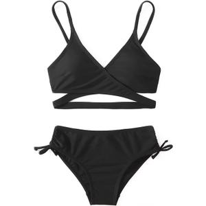 MIENOE Teen Girls' Swimsuits Two-Piece V-Neck Bikini Adjustable Shoulder Straps Swimsuit Kids Bikini with Chest Pad (6-8 Years, Black - Cross Style)