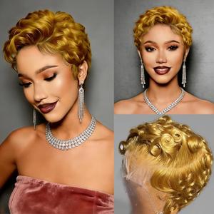 Honey Blonde #27 Short Curly 13X4 Lace Front Pixie Cut Wigs 100% Human Hair for Black Women, Honey Blonde Curly Deep Wave 13x4 Lace Front Glueless Wig Finger Wavy Natural Look Daily Wear Mommy Wig