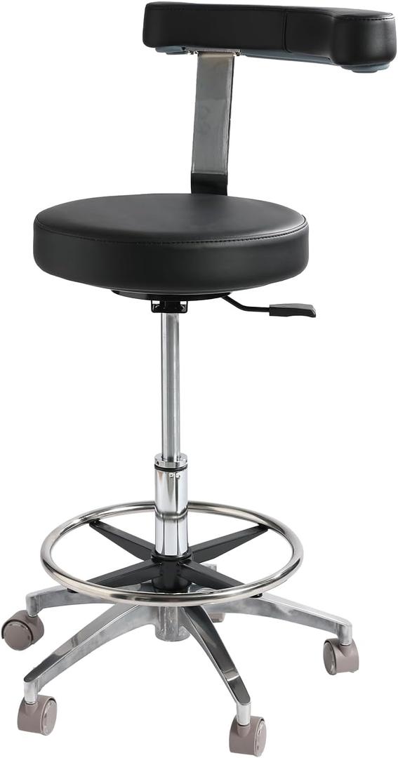 Adjustable Ergonomic Dental Stool with Back Support - Rolling Dentist Chair for Hygienists, Assistants, and Medical Professionals - Black