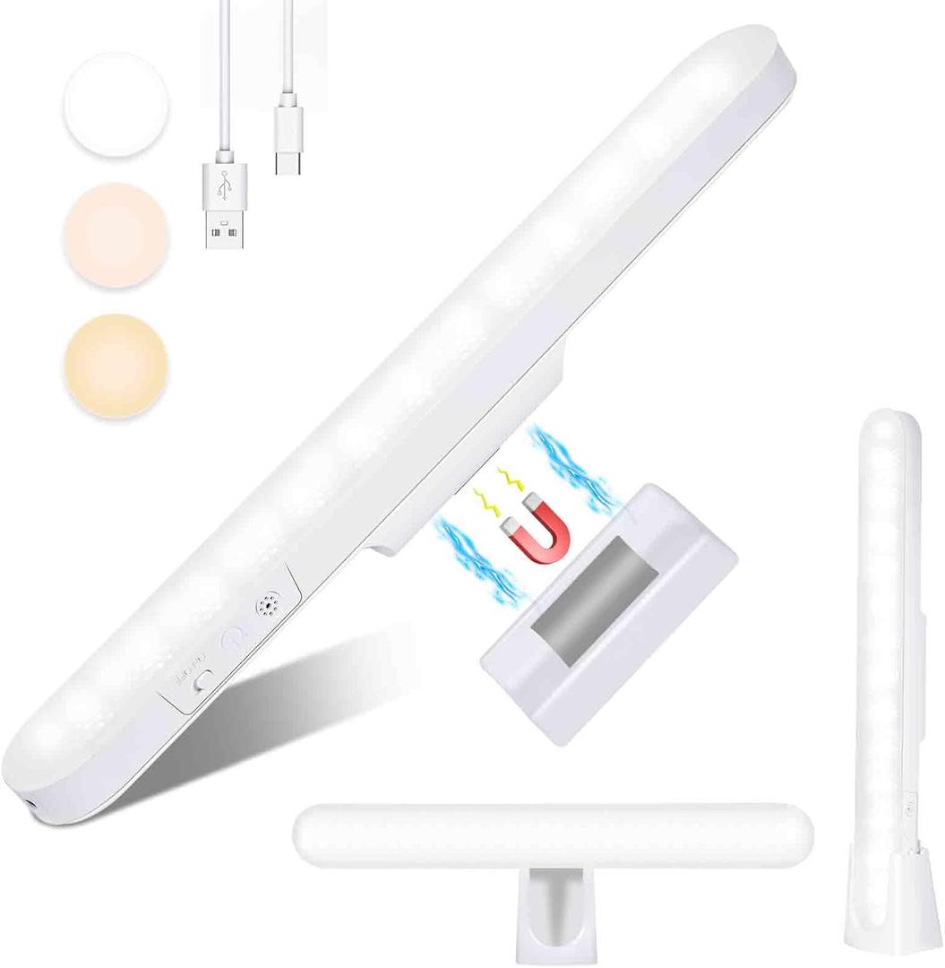 Magnetic LED Light Bar Rechargeable, 10W 2000mAh Desk Lamp, Battery Powered Strip Lights, Under Cabinet Lighting Wireless, Stepless Dimmable Table Lamps for Mirror Bathroom Kitchen-White