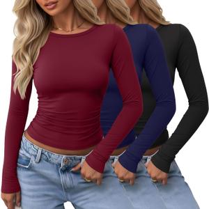 Locoowai 3 Pack Womens Ruched Crop Tops | Long Sleeve, Crew Neck, Tight Slim Fit, Gathered Side Detail, Soft, Stretchy, Basic, Going Out, Casual, Y2K Outfits (Blue, XL)