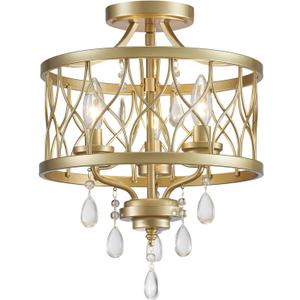 Farmhouse Crystal Ceiling Light Fixture, 3-Light Semi Flush Mount Crystal Chandelier Light Fixture Rustic Vintage Gold Pendant Ceiling Lamp for Hallway Corridor Kitchen Entryway Bedroom Living Room (16" High 12.8" Wide)