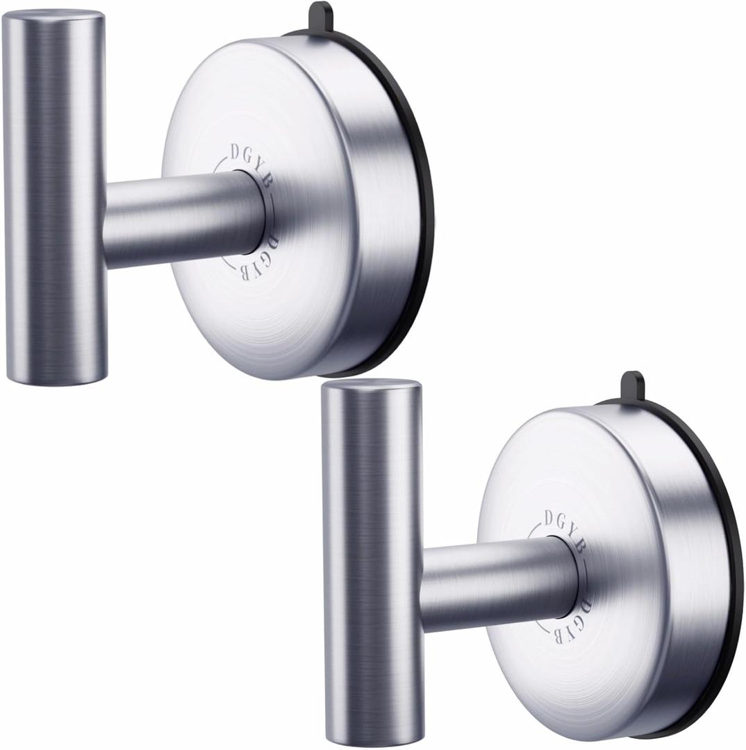 DGYB Large Suction Cup Hooks for Shower Set of 2 Brushed Nickel Towel Hooks for Bathrooms Stainless Steel Suction Shower Hooks for Inside Shower 15 Lb Removable Wall Hooks for Hanging Heavy Duty