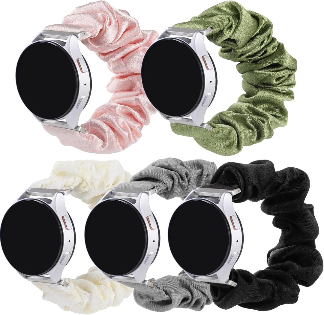 5 Packs 20mm Bands Scrunchie Band Compatible with Samsung Galaxy Watch 7 6 5 4 (40mm/44mm)/Galaxy Watch 3 (41mm)/Active/Active 2/Galaxy Watch 42mm for Women (Black/Pink/Green/Grey/White Lace)