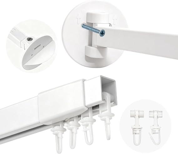 White Shower Curtain Track Rod for Bathroom, 36-63 In (3-5.2Ft) Adjustable, 1.2mm Thick White Aluminum with 180° Rotating Brackets – Adhesive or Drill Installation, Rustproof, Smooth Gliding