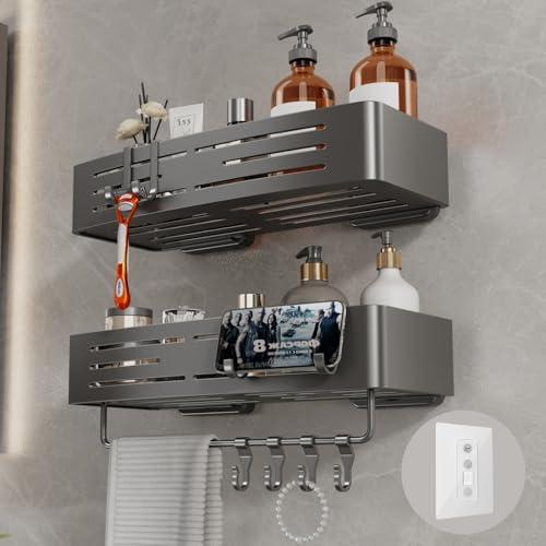 Voldra Adhesive Shower Caddy, 2 Pack Shower Shelves for Inside Shower No Drilling, Aluminum Stick On Showers Organizer with Towel Bar & Hooks Removable Bathroom Shelf Storage Rack(Gray)