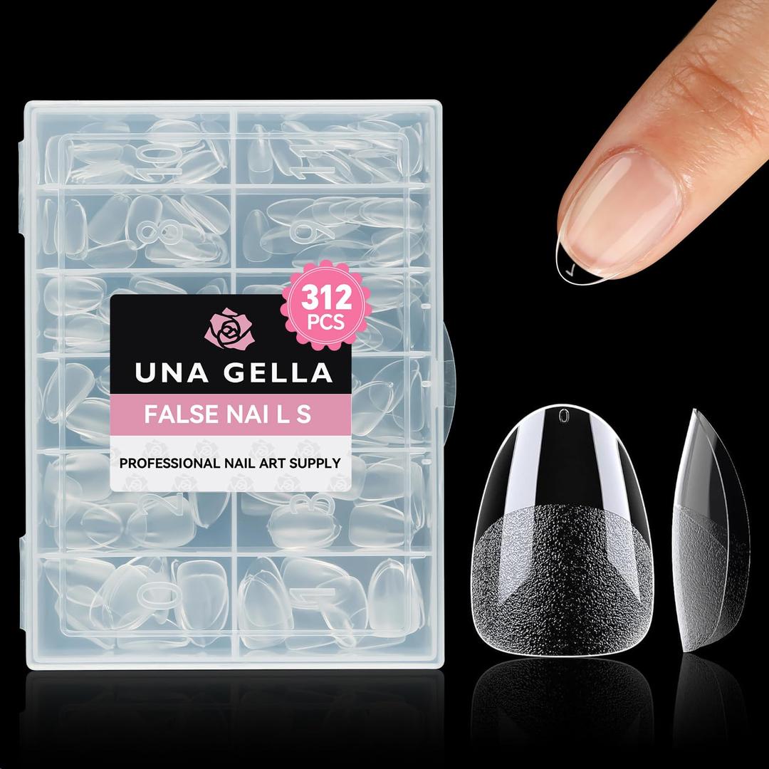 UNA GELLA Extra Short Almond Nail Tips, 312pcs XS Short Almond Gel Nail Tips Pre-Shaped Half Matte Full Cover No Need File Soft Gel Clear Fake Nails for Nails Extension Home DIY Salon 12 Sizes