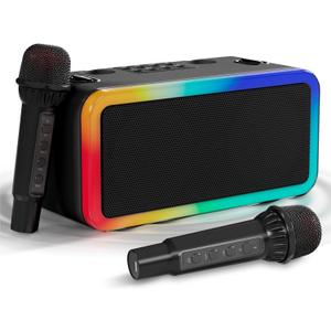 Portable Karaokee Machine 2 Microphones, Outdoor Bluetooth Speaker Karaoke Machine, Karaoke Microphone Machines Kid Adult Wireless PA TF USB Sound Effect Light Outdoor/Indoor Home Party, Black