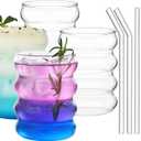 ALINK Ribbed Drinking Glass Cups with Straws Set of 4, 12 oz Aesthetic Iced Coffee Glasses, Wave Bubble Tumbler, Ripple Glassware, Beer Glasses for Coctail, Soda, Gift with Brush