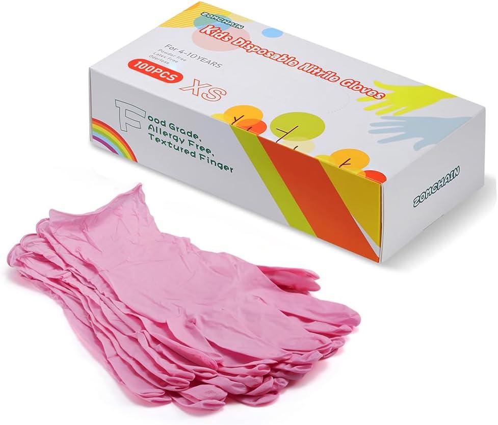 Kids Gloves Disposable, Nitrile Glove for Childen, Latex Free Gloves, Powder Free - for Crafting, Painting, Cleaning- 100 PCS (Pink, XS)