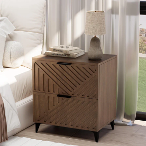 Nightstand with 2 Drawers Night Stand with Fluted Panel, Modern Bedside Table for Bedroom, Wood End Table Side Table Small Storage Cabinet, Brown