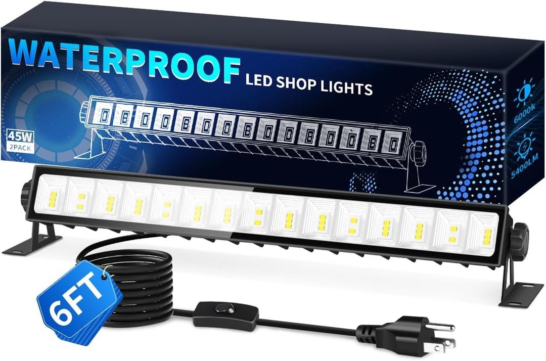 IP66 Waterproof 45W LED Shop Lights, 5400LM 6000K Daylight White Garage Light with 6FT Power Cord & Switch, Plug in LED Work Light for Garage, Workshop, Warehouses, Basement, Yard,1 Pack