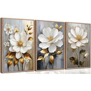 3Pcs White Flower Gold Leaf Canvas Wall Art Modern Plants Flowers Painting Decor Pictures Neutral Floral Bloom Posters Prints for Office Living Room Bathroom Bedroom Decoration No Frames