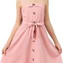 GORLYA Girls Front Button Down Summer Sundress Casual A-Line Spaghetti Strap Belted Midi Dress 6-14Y (Pink)