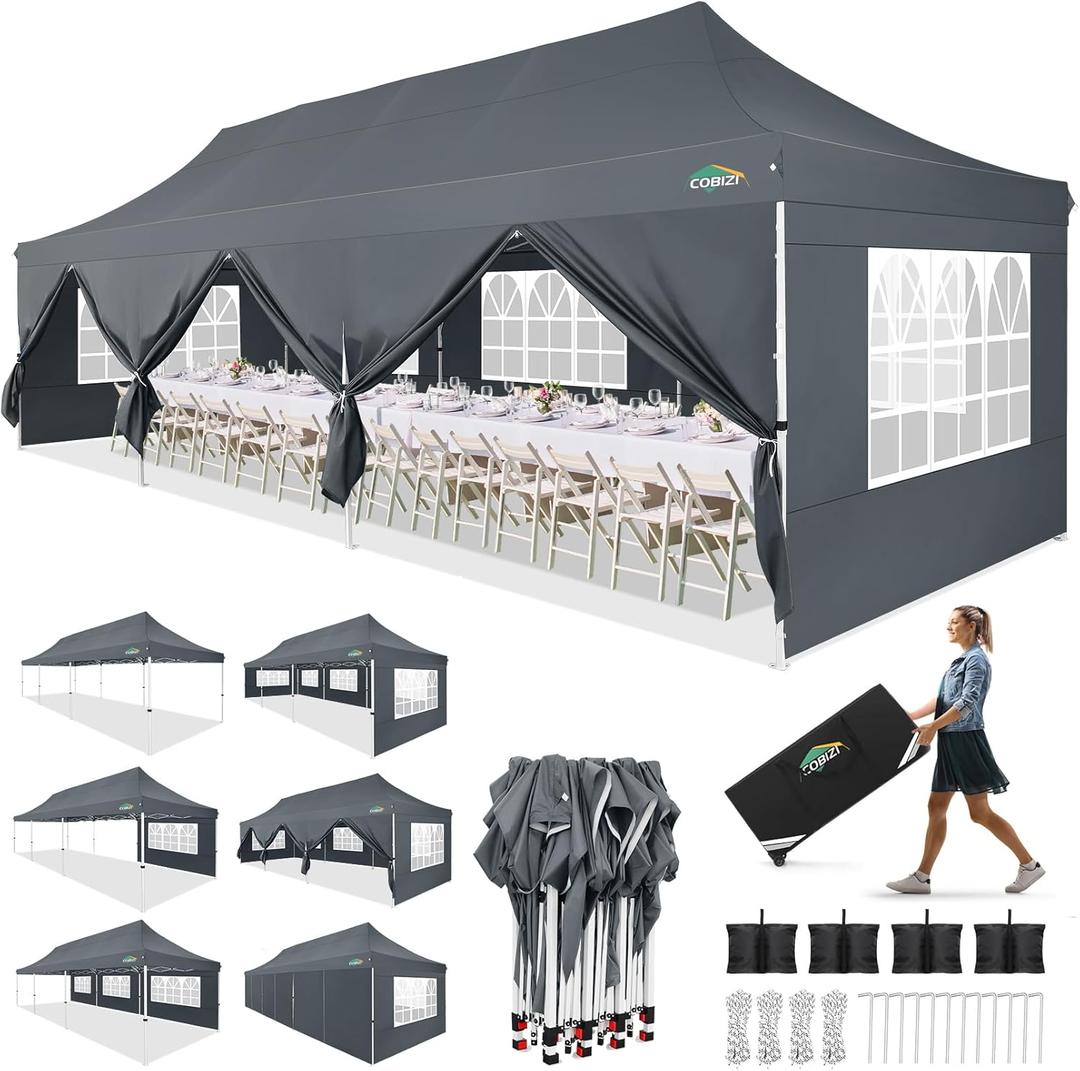 COBIZI 10x30 Pop up Canopy with 8 Removable Sidewalls, Outdoor Canopy Waterproof Commercial Tents for Parties Wedding, with Upgrade Raised Top Cover and Roller Bag, with 4 Sandbags(Gray)