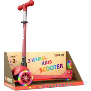 Red Mini 3 Wheel Scooter for Kids Lean-to-Steer with LED Light-Up Wheels, Adjustable Handlebar, Wide Anti-Slip Deck, Smooth PU Wheels, Rear Foot Brake Toddler Scooter for Ages 2+