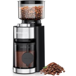 Aromaster Burr Coffee Grinder with 25 Grind Setting, Adjustable 2-12 Cups Timer, Professional Conical Coffee Bean Grinders for Home Use, 3-Ears Portafilter Holder, Anti-static, Cleaning Brush, Black