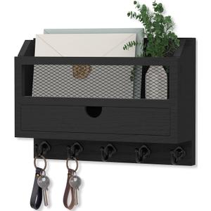 Nekon Key and Mail Holder for Wall, Key Organizer with 5 Hooks & Storage Drawer, 11" W x 7.9" H x 3.1" D Wooden Key Rack for Entryway and Home Decor (Black)