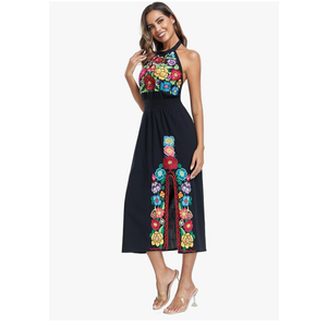 YZXDORWJ Women's Mexican Floral Embroidered Halter Neck Split Sleeveless Ruffle Party Long Dresses, Size:Medium