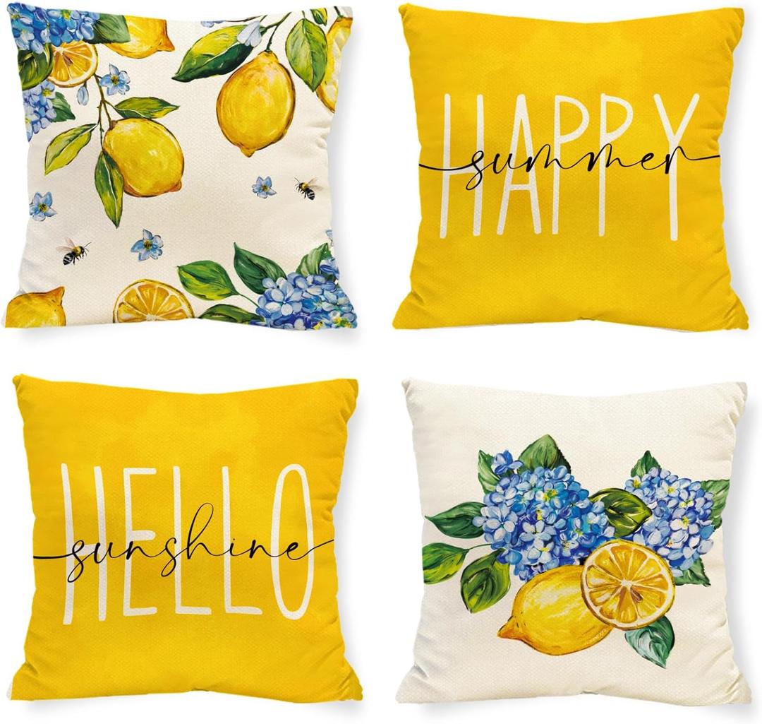 Spring Summer Lemon Pillow Covers Blue Hydrangea 18 x 18 Inch Throw Pillows, Hello Sunshine Decorative Farmhouse Cushion Case for Sofa Couch Set of 4