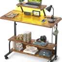 Height Adjustable Standing Desk with Power Outlets and LED Lights - 32" Manual Stand Up Desk with Monitor Stand and Storage Shelves Small Mobile Rolling Computer Desk Portable Laptop Table, Rustic