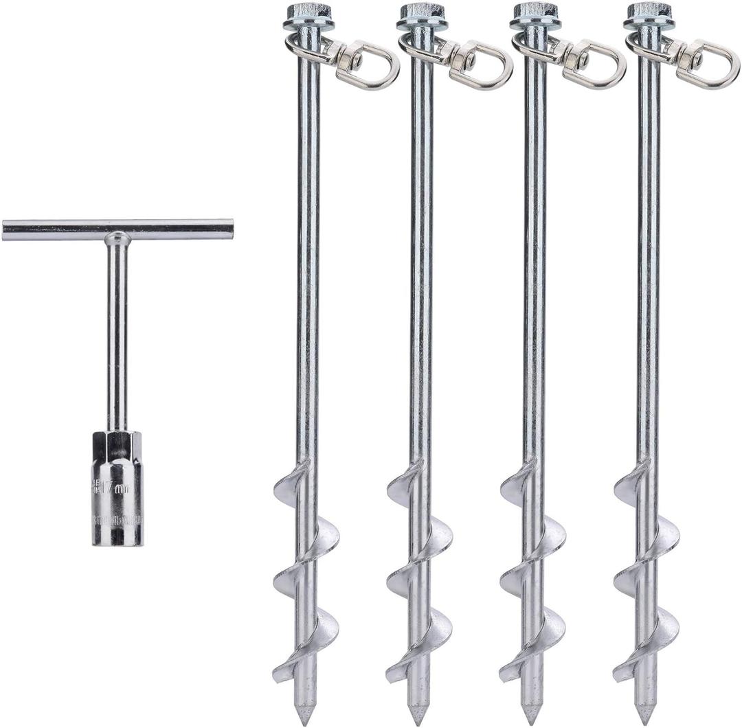 MightyPhine Steel Screw Ground Anchors - Set of 4, 12 Inch, Silver, Metal - Tent Stakes, Trampoline Anchor Kit, Swing Set Anchors, High Wind Resistance