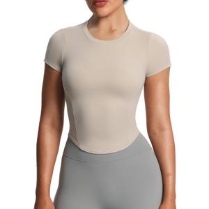 Aoxjox Women's Short Sleeve T-Shirts GEO Baby Tee Workout Gym Yoga Crop Top (Beige, Large)