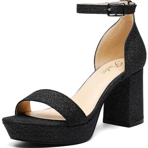 Putu Womens Rhinestone Heeled Sandals Glitter Chunky Heeled Sandals Open Toe Dressy Sandals for Wedding, Prom, Event (Black, 9)