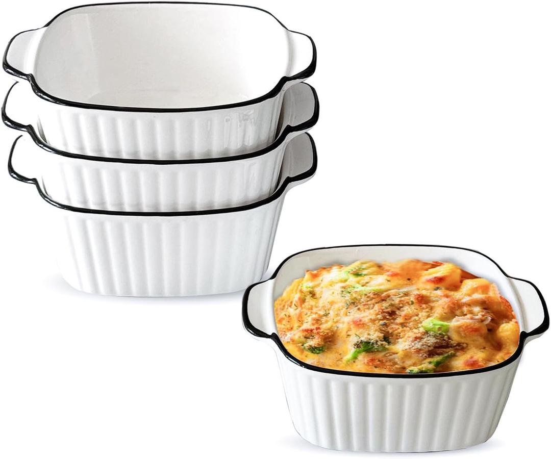 15oz Small Baking Dish 4 Pack Square Ceramic Baking Dishs with Handles,Individual Ceramic Bakeware for Oven, Microwave & Dishwasher Safe