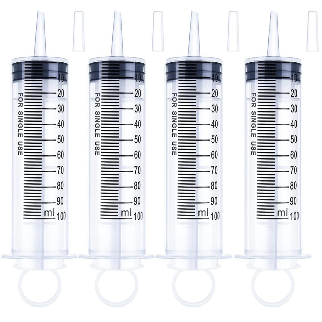 4 Pack 100ml Large Syringe with Cap, Individually Sterile Sealed Plastic Liquid Syringes Catheter Tip with Measurement for Scientific Labs, Measuring Liquids, Feed Pets, Medical Student, Oil or Glue Applicator