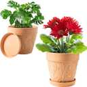 2 x Melphoe Plant Pots Indoor with Drainage & Saucer, 2Pack 7/8 inch Flower Pots Outdoor Planters for Indoor Plants Garden Home Decor Cactus Succulent, Rigid Plastic (Imitation-Terracotta) Vine-Embossed