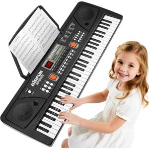 61-Key Kids Piano Keyboard for Beginners - Rechargeable Electronic Music Toy Piano with Music Stand Microphone LED Display AUX in - Birthday for 3-9 Year Old Boys Girls (Black)