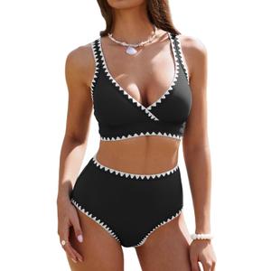 ZAFUL Womens High Waisted Bikini Sets Floral Print Whip Stitch 2 Piece Swimsuits V-Neck Crisscross Tie Back Bathing Suit, Black, X-Large