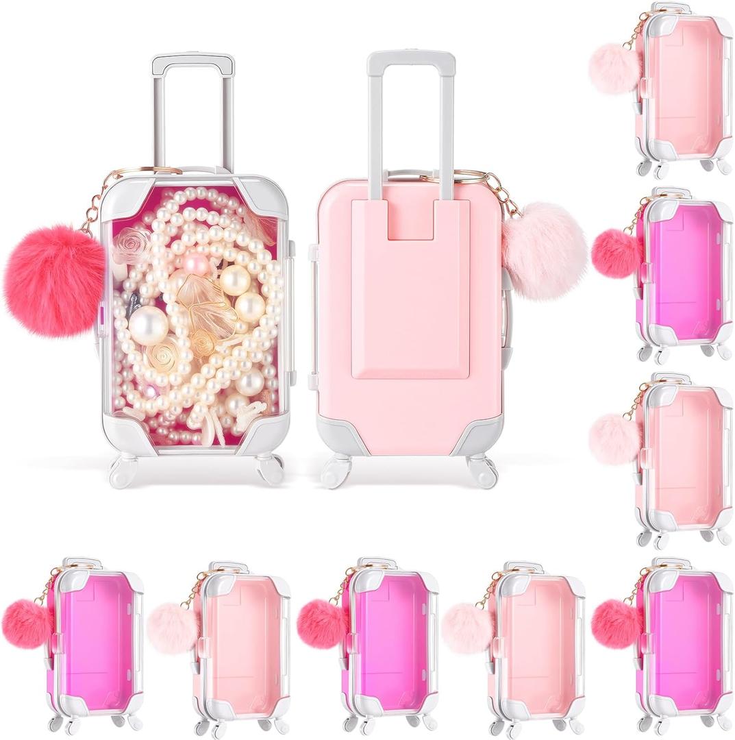 20 Pcs Mini Suitcase Empty Storage Box and Plush Ball Keychain Candy Luggage Containers Packaging Case for Bridal Shower Baby Shower Party Favors Travel Gifts (Pink,Rose Red)
